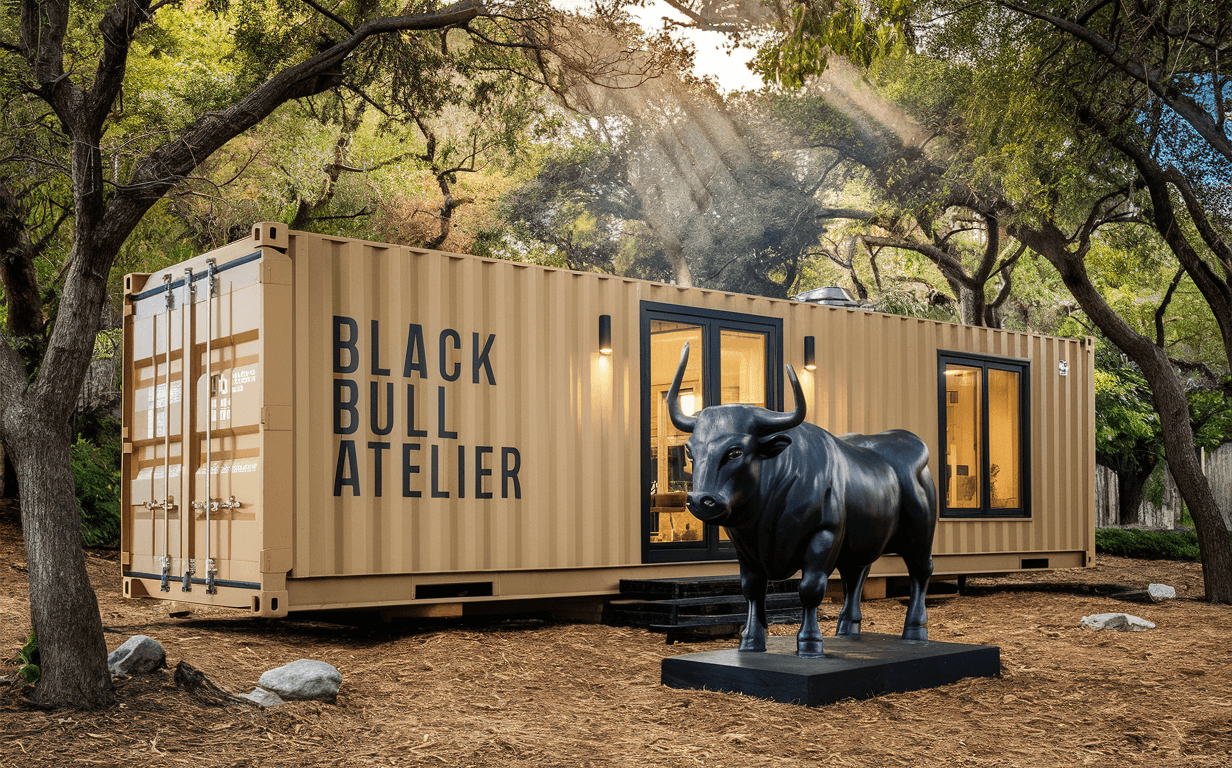 Housing container a bull statue in front of it.