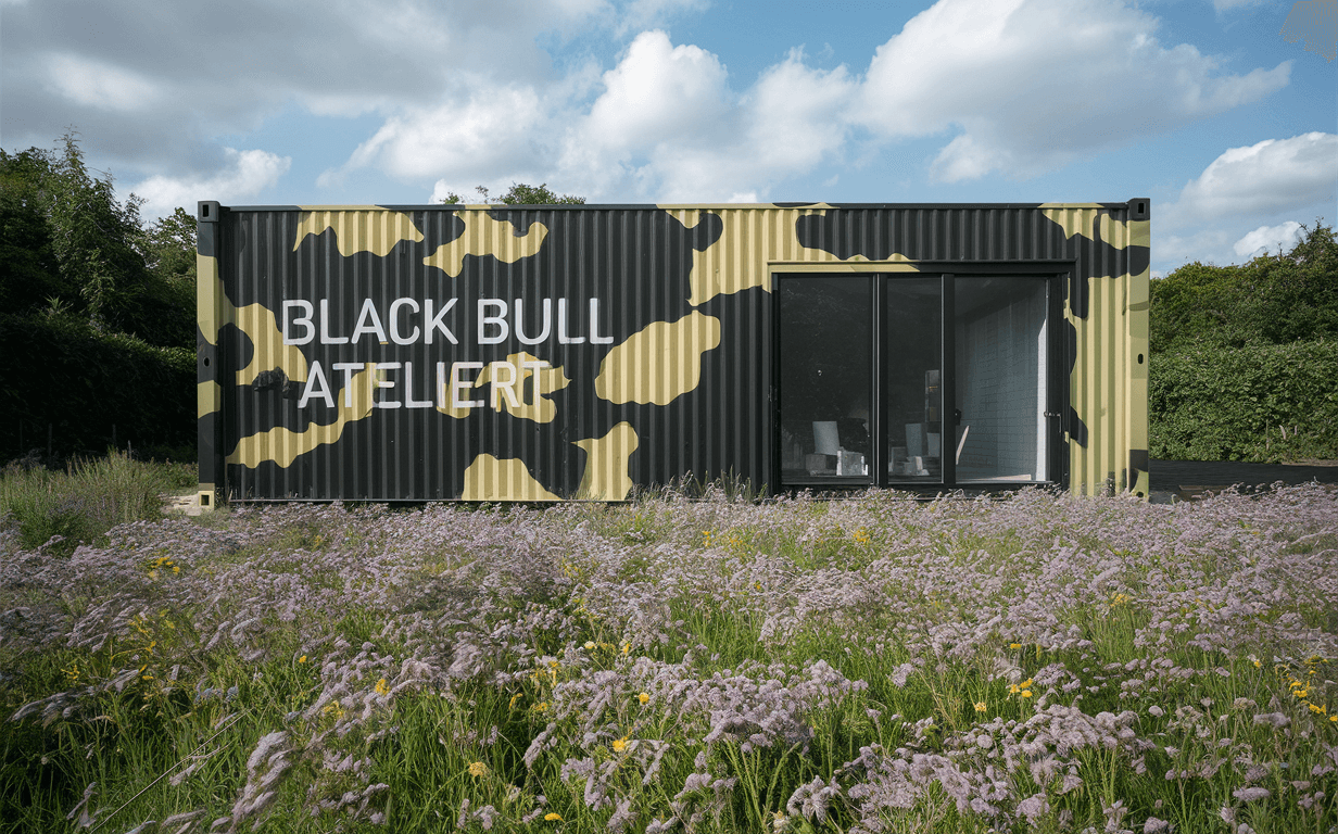 A container house with a large window located on a meadow.